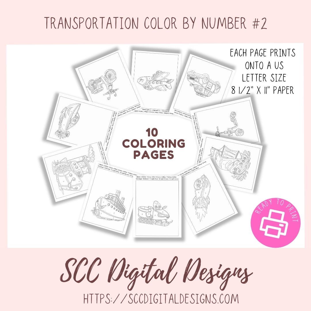 Printable Transportation Color by Number, Print at Home Kids Coloring Books, Home School Teacher Resources, Fun & Educational Activities, Instant Download