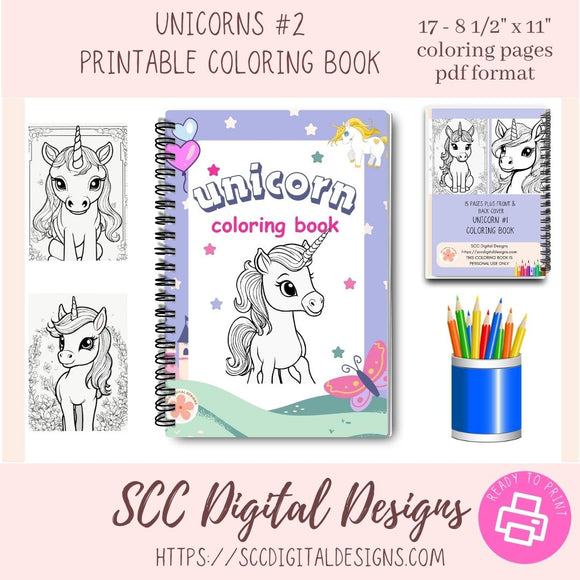 Unicorn Coloring Book Pages for Girls, Print at Home Colorbook for Kids and Adults, Printable Fun & Educational Activity Instant Download