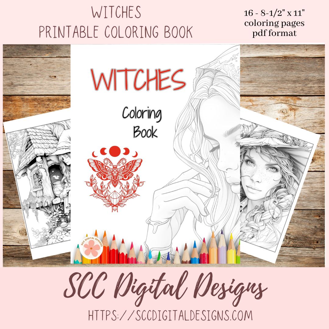 Witches Coloring Book, Printable Fantasy Coloring Pages, Relaxing Therapeutic & Creative Art for Adults and Kids, Print at Home Letter Size PDF