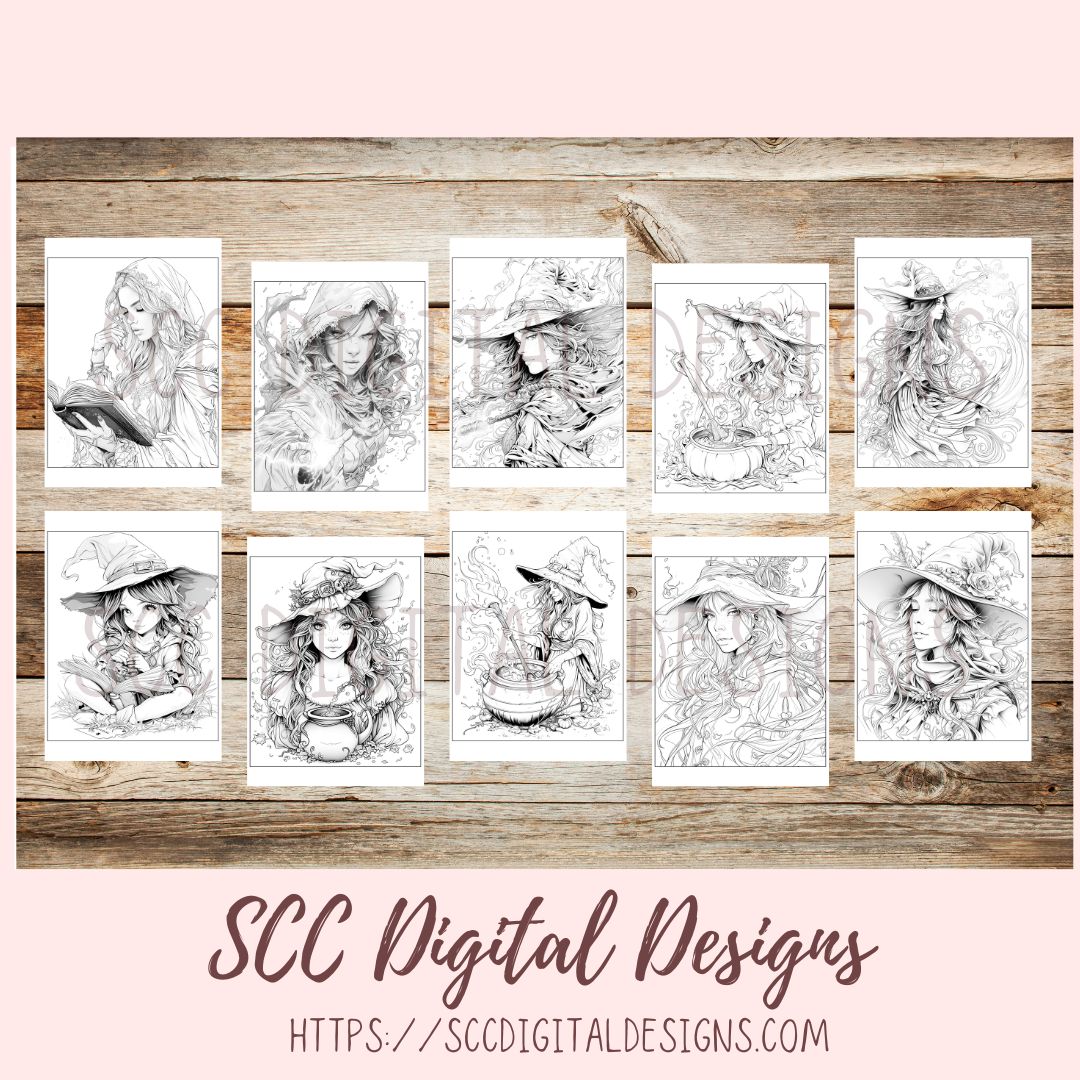Witches Coloring Book, Printable Fantasy Coloring Pages, Relaxing Therapeutic & Creative Art for Adults and Kids, Print at Home Letter Size PDF