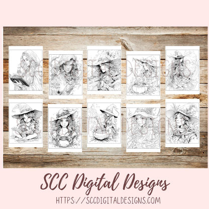 Witches Coloring Book, Printable Fantasy Coloring Pages, Relaxing Therapeutic & Creative Art for Adults and Kids, Print at Home Letter Size PDF