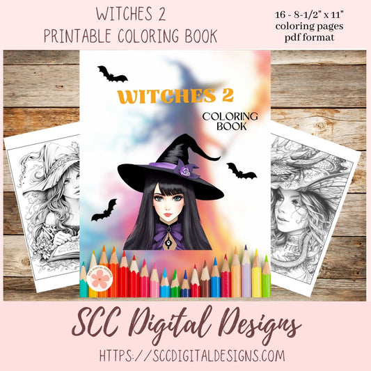 Witches #2 Coloring Book, Printable Fantasy Coloring Pages, Relaxing Therapeutic & Creative Art for Adults and Kids, Print at Home Letter Size PDF