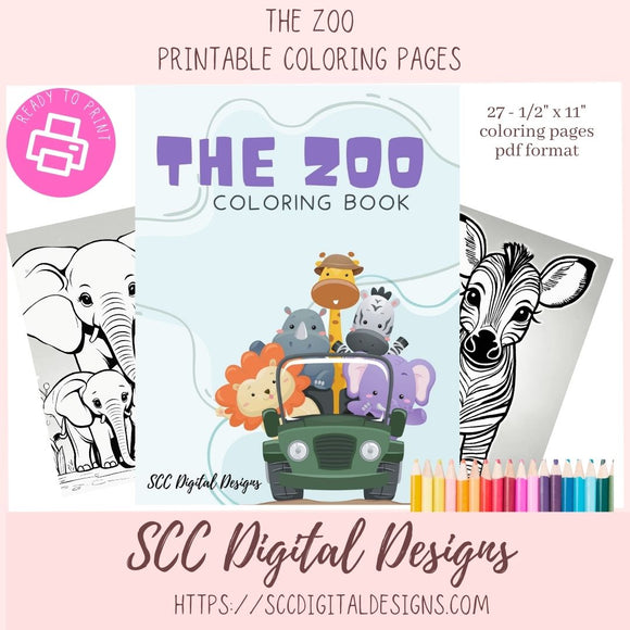Printable Coloring Pages for Kids and Adults, Zoo Animals Print at Home, Elephant Zebra Relaxing Therapeutic & Creative Art Instant Download Home School Activity