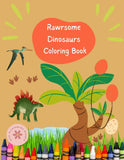 Coloring book cover with dinosaurs, plants, and crayons on a brown background