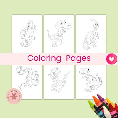Set of dinosaur coloring pages with crayons on a light green background