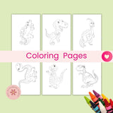 Set of dinosaur coloring pages with crayons on a light green background