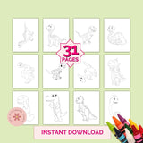 Grid of dinosaur coloring pages with '31 Pages' text and crayons on a light green background.