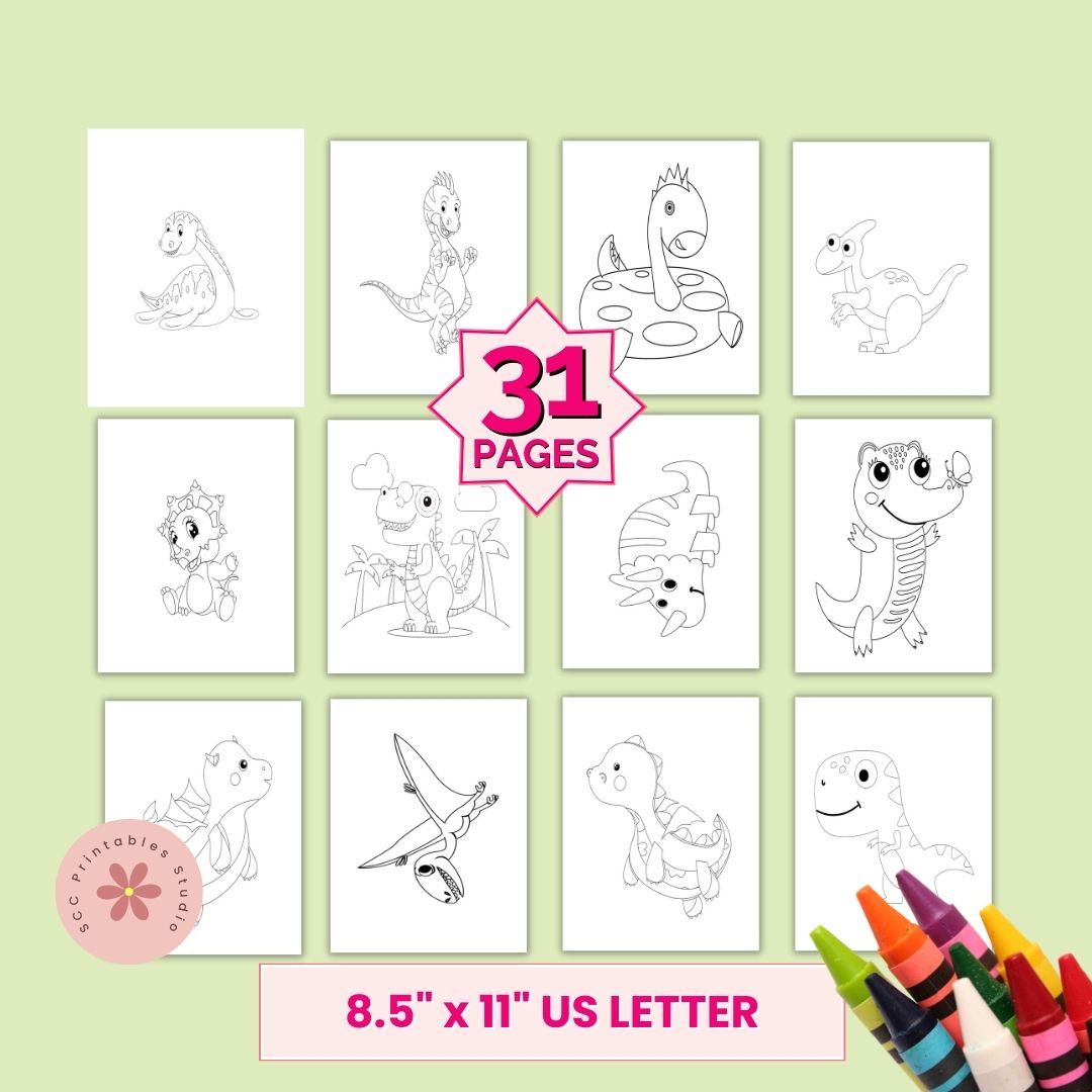 Set of dinosaur coloring pages with crayons on a green background