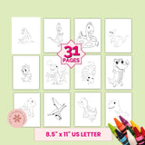 Set of dinosaur coloring pages with crayons on a green background
