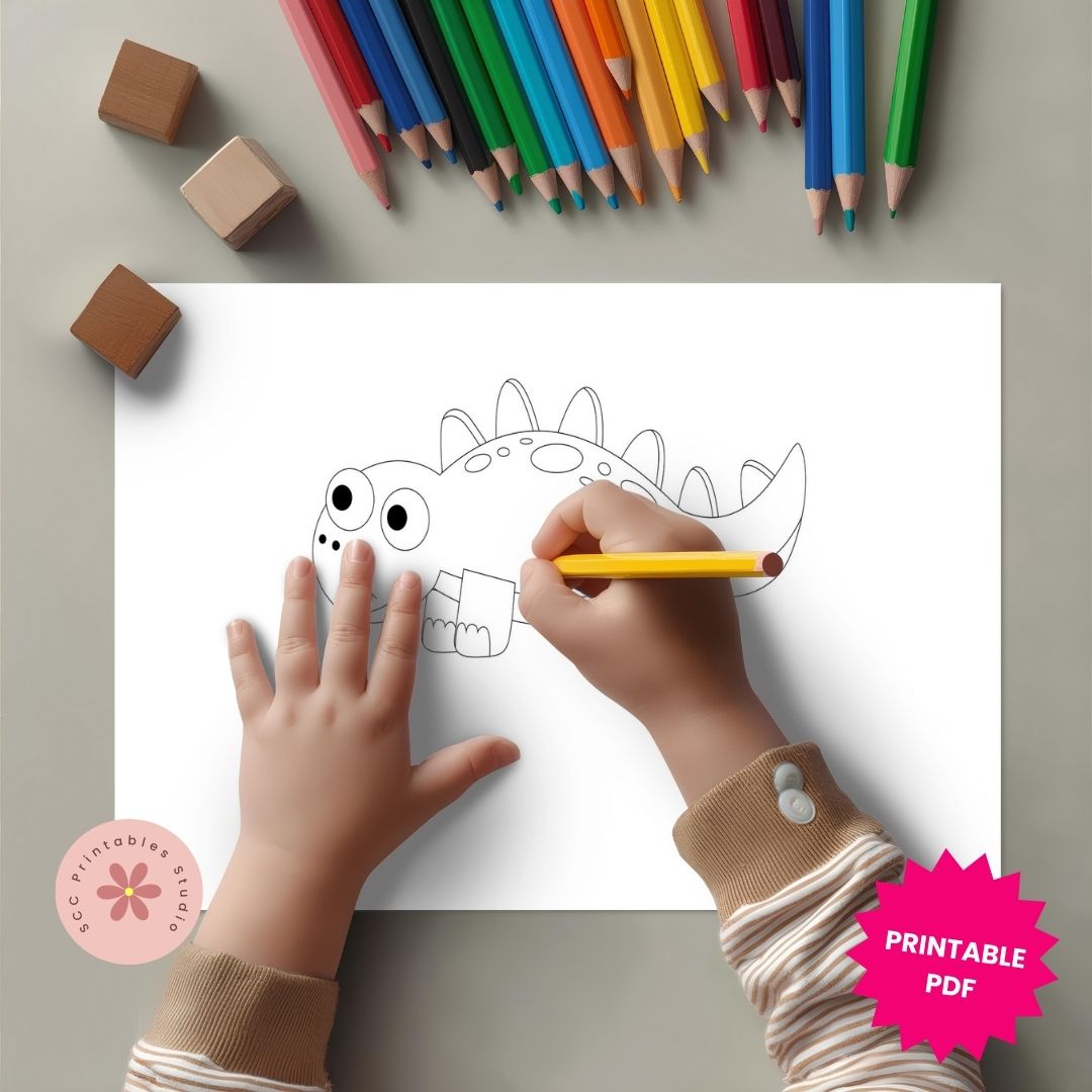 Child coloring a dinosaur outline with colored pencils on a light surface.