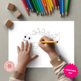 Child coloring a dinosaur outline with colored pencils on a light surface.