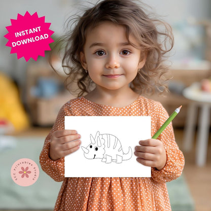 Child holding a drawing of a dinosaur with a green pencil, in a home setting.