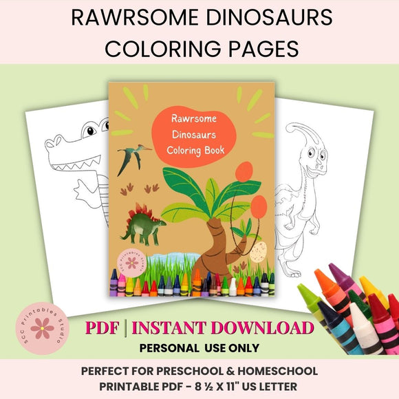 Coloring book and pages with crayons on a light green background, featuring 'Rawrsome Dinosaurs' theme.