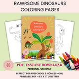 Coloring book and pages with crayons on a light green background, featuring 'Rawrsome Dinosaurs' theme.