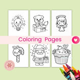 Set of coloring pages with cartoon illustrations on a light green background, featuring a candy, a dog, a fairy, a lollipop, Santa Claus, and a cupcake.