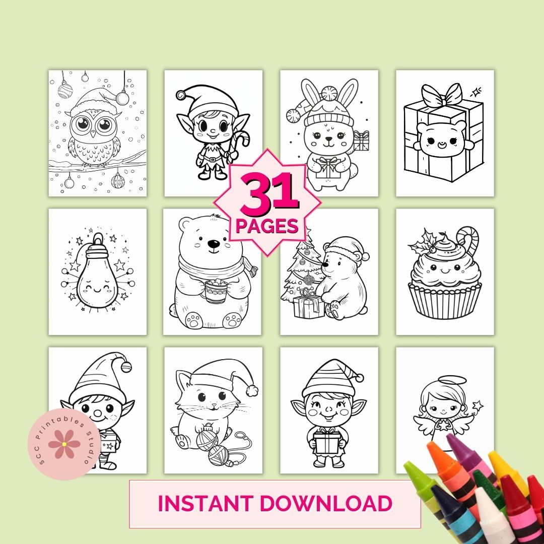 Set of Christmas-themed coloring pages with cartoon characters on a light green background, featuring 31 pages and instant download text.