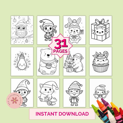 Set of Christmas-themed coloring pages with cartoon characters on a light green background, featuring 31 pages and instant download text.