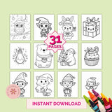 Set of Christmas-themed coloring pages with cartoon characters on a light green background, featuring 31 pages and instant download text.