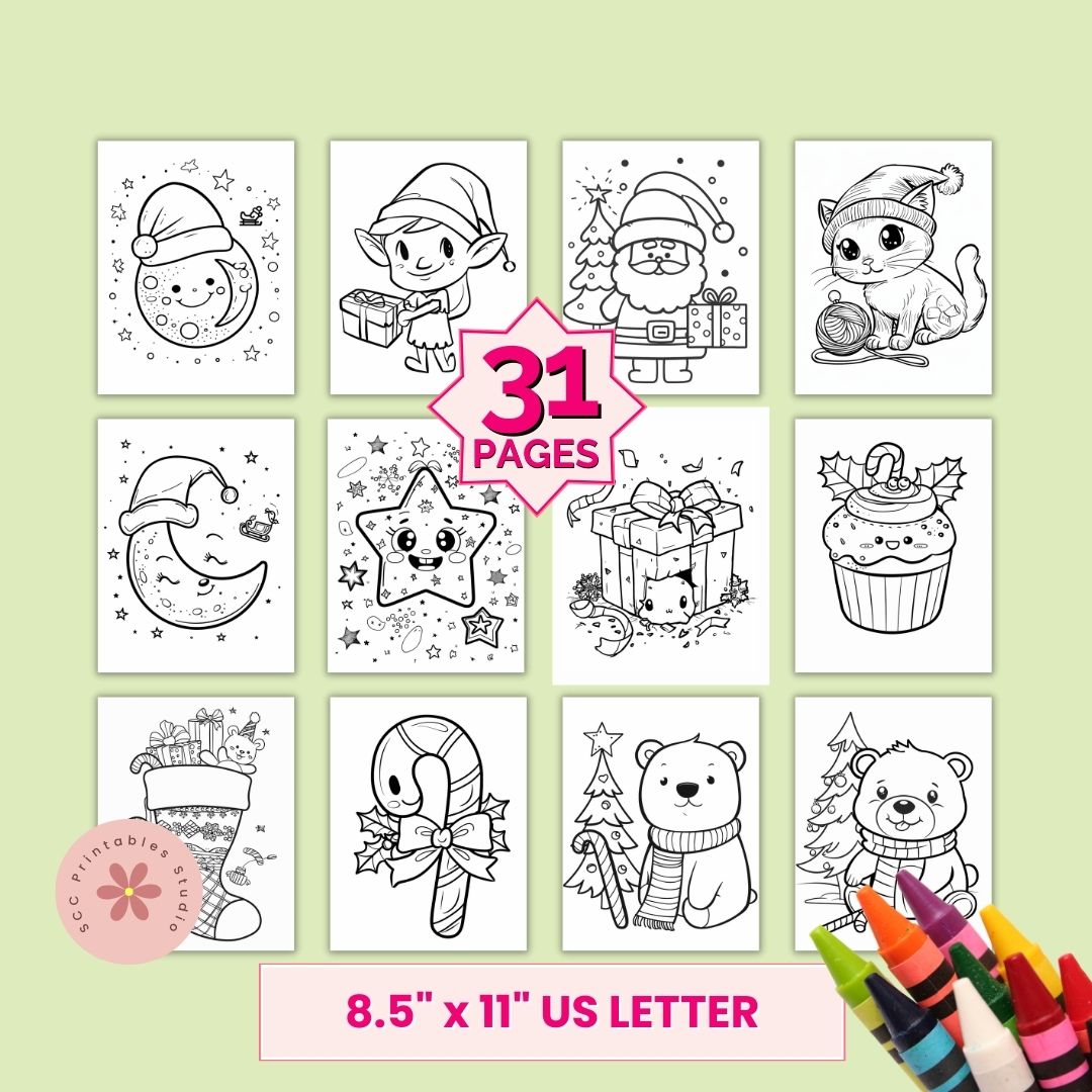 Coloring book pages with Christmas-themed illustrations on a green background, featuring 31 pages and 8.5" x 11" US Letter size.