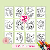 Coloring book pages with Christmas-themed illustrations on a green background, featuring 31 pages and 8.5" x 11" US Letter size.