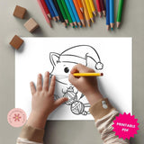 Coloring page with a cat and yarn design, hands holding a pencil, and colorful crayons on a gray background.