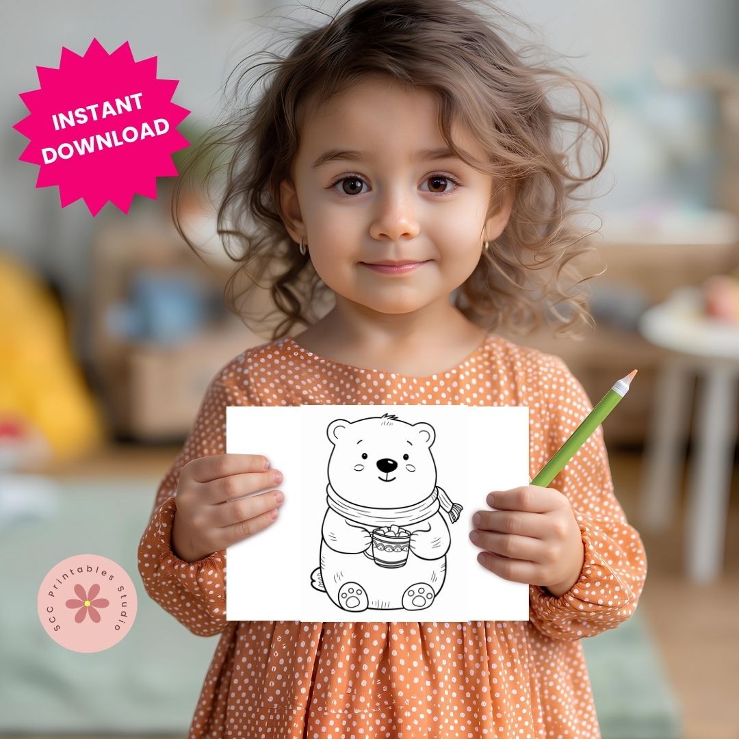 Child holding a drawing of a bear with a green pencil, with 'Instant Download' text overlay.