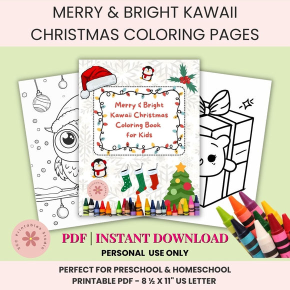 Merry & Bright Kawaii Christmas Coloring Pages with crayons on a light green background