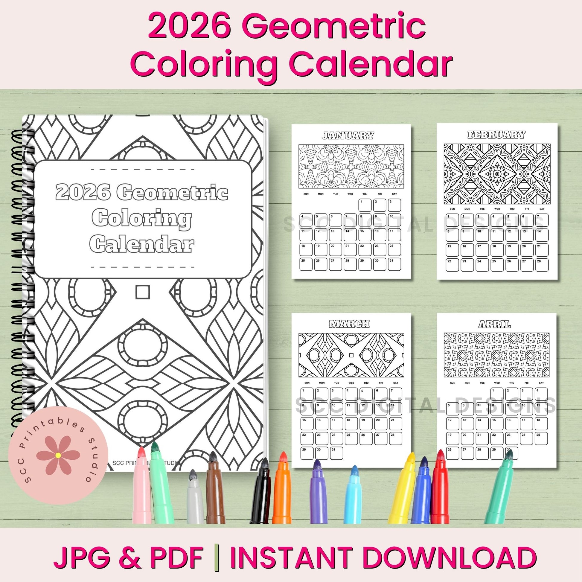 2026 Geometric Coloring Calendar with sample pages and coloring tools on a green background