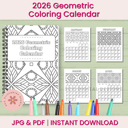2026 Geometric Coloring Calendar with sample pages and coloring tools on a green background
