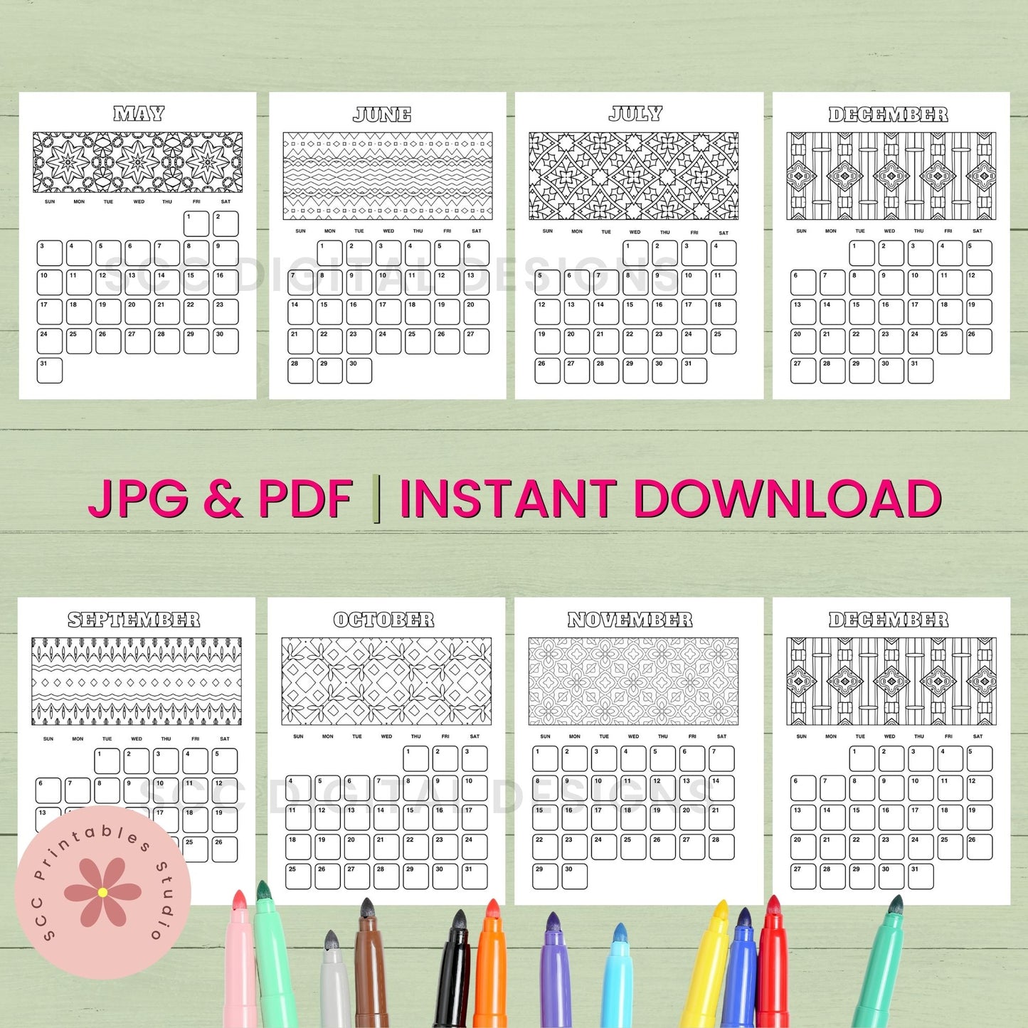 Set of calendar pages for each month with colorful markers on a green background