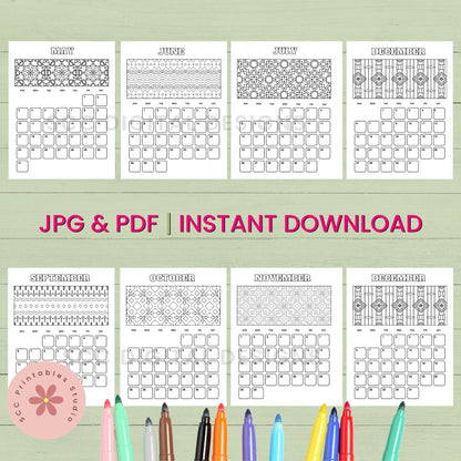 Set of calendar pages for each month with colorful markers on a green background