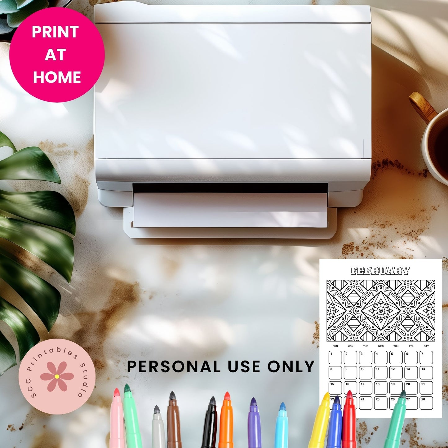 White printer on a marble surface with markers and a calendar, featuring 'Print at Home' and 'Personal Use Only' text.