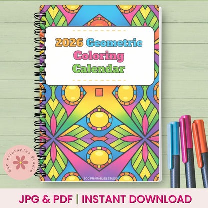 Colorful geometric coloring calendar with markers on a wooden surface