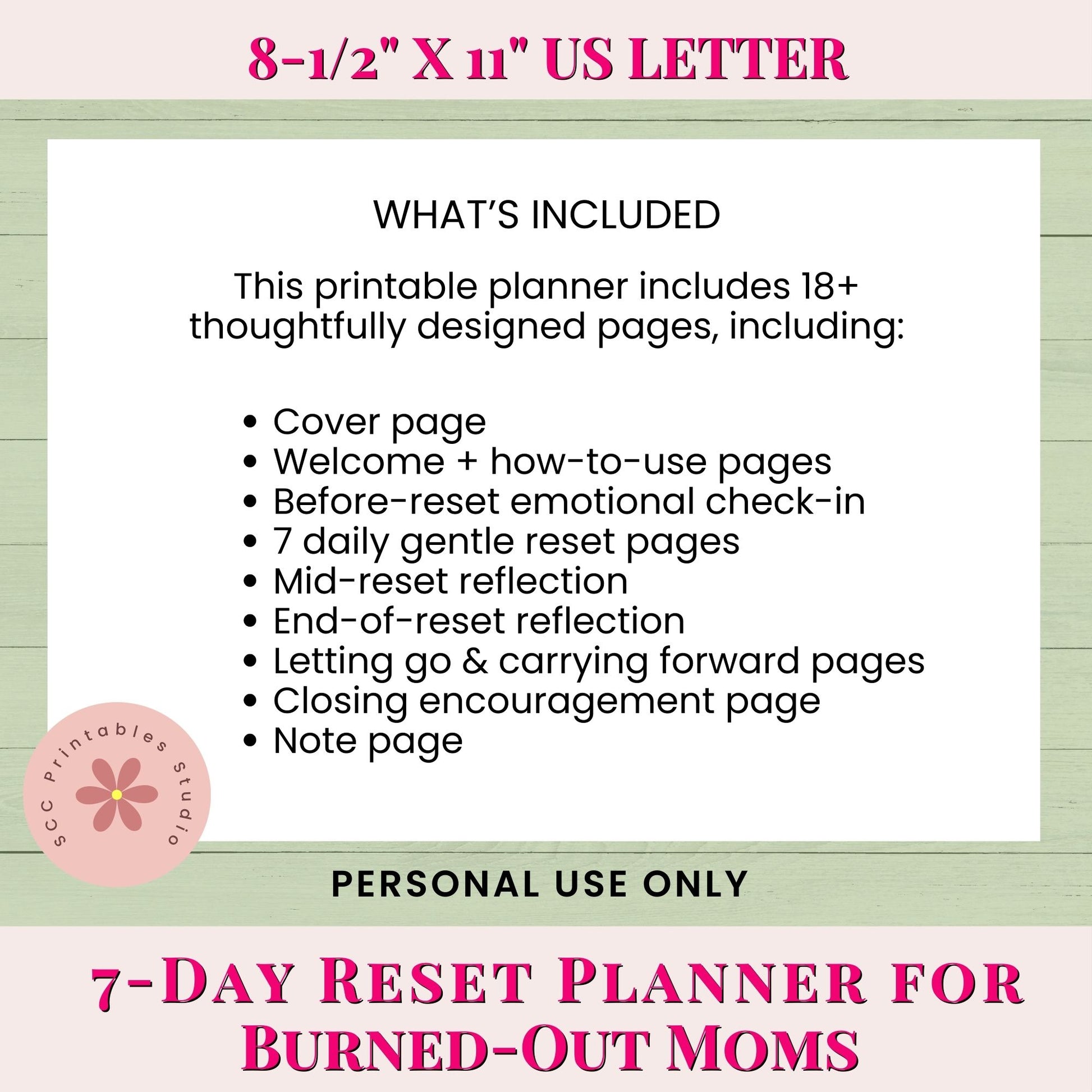 7-Day Reset Planner for Burned-Out Moms with included pages on a green background