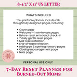 7-Day Reset Planner for Burned-Out Moms with included pages on a green background