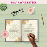 Open planner on a wooden surface with a hand holding a pen, a cup of coffee, glasses, and a succulent plant.