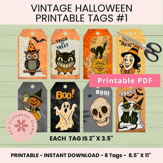 Printable Vintage Halloween Collage Sheet 1 zip file that includes 2 jpg images & 1 pdf, 8 tags total