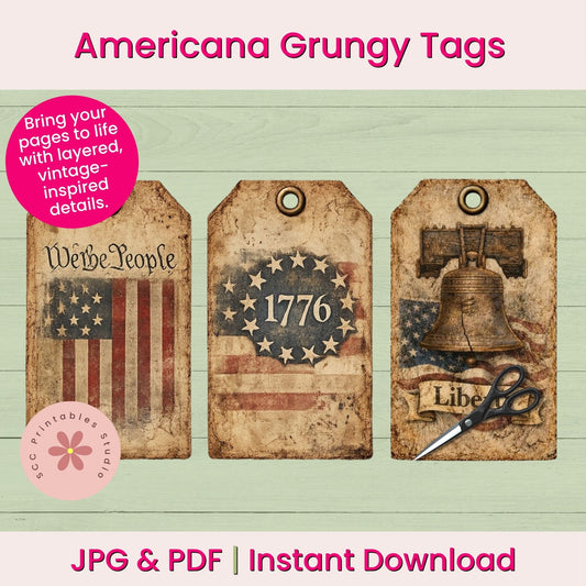 Three vintage-style tags with American-themed designs on a light green background.