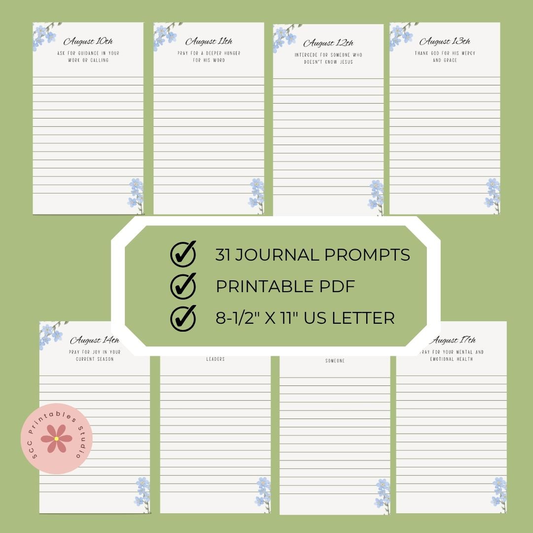 Set of journal prompt pages with a green label indicating features on a green background