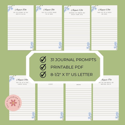 Set of journal prompt pages with a green label indicating features on a green background