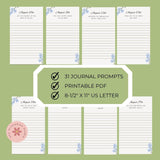 Set of journal prompt pages with a green label indicating features on a green background