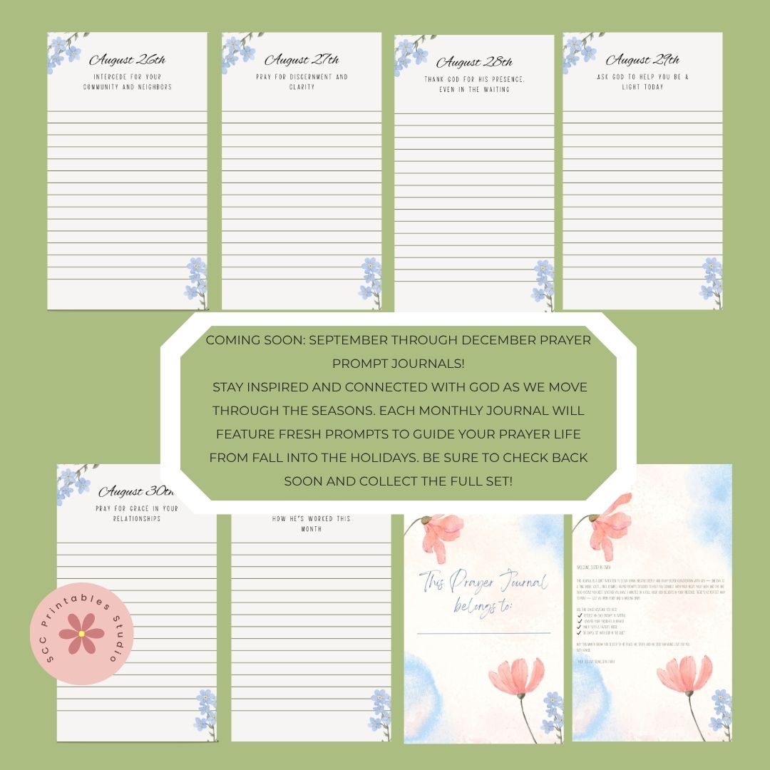 Set of prayer journal pages with floral designs on a green background