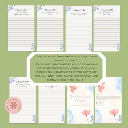 Set of prayer journal pages with floral designs on a green background