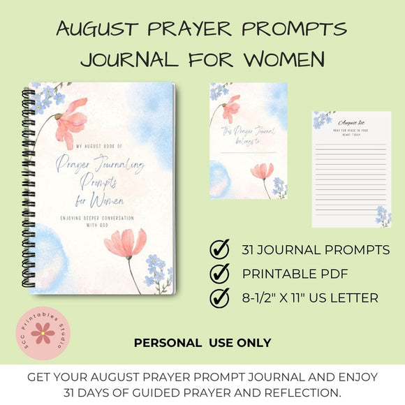 August Prayer Prompts Journal for Women with floral design on a light green background