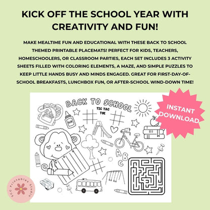 Back to School Printable Placemats – First Day of School Activity Sheets with Coloring, Maze, and Tic-Tac-Toe