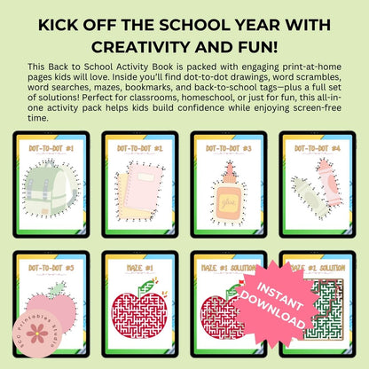 Back to School Activity Book with various educational activities on a green background