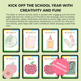 Back to School Activity Book with various educational activities on a green background