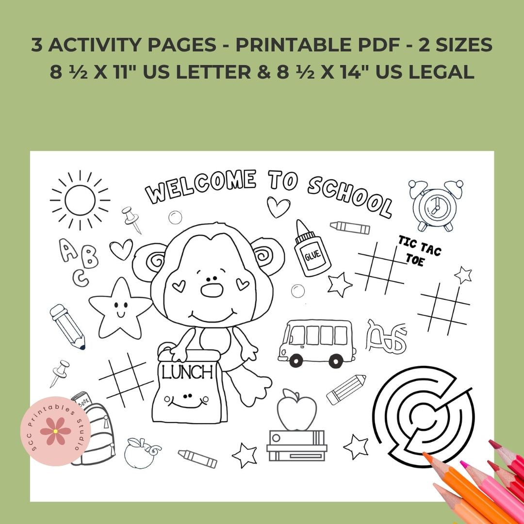 Back to School Printable Placemats – First Day of School Activity Sheets with Coloring, Maze, and Tic-Tac-Toe