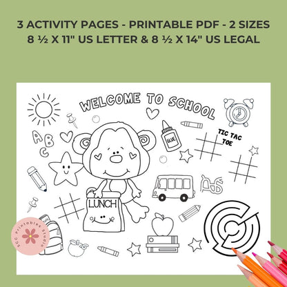 Back to School Printable Placemats – First Day of School Activity Sheets with Coloring, Maze, and Tic-Tac-Toe