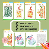 Set of maze puzzles with solutions on a green background, featuring colorful pencils.